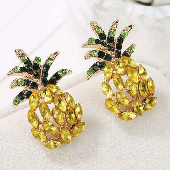 Restocked: "Ananas" Rhinestone Pineapple Design Stud Earrings - Picture 2 of 4